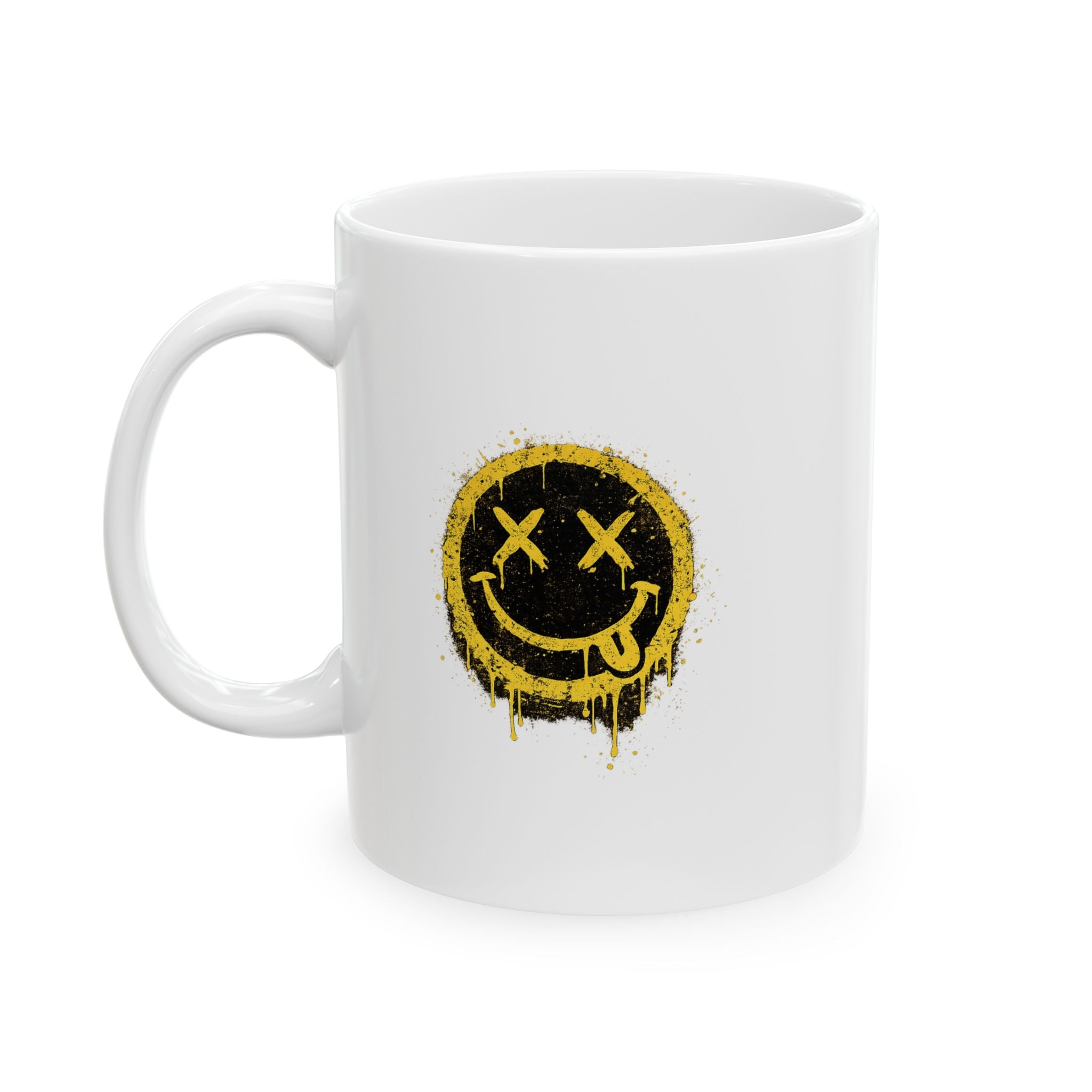 Smudged Grunge Smiley Mug — Distressed Yellow Drip Face Ceramic Coffee Cup (11oz/15oz)