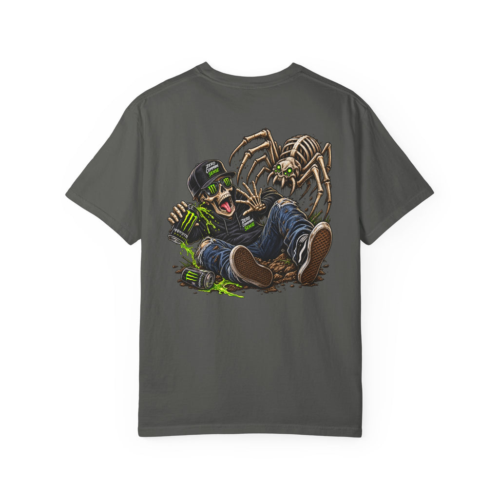 Spider Attack Graphic T-Shirt — "Zero Common Sense" Pocket Design