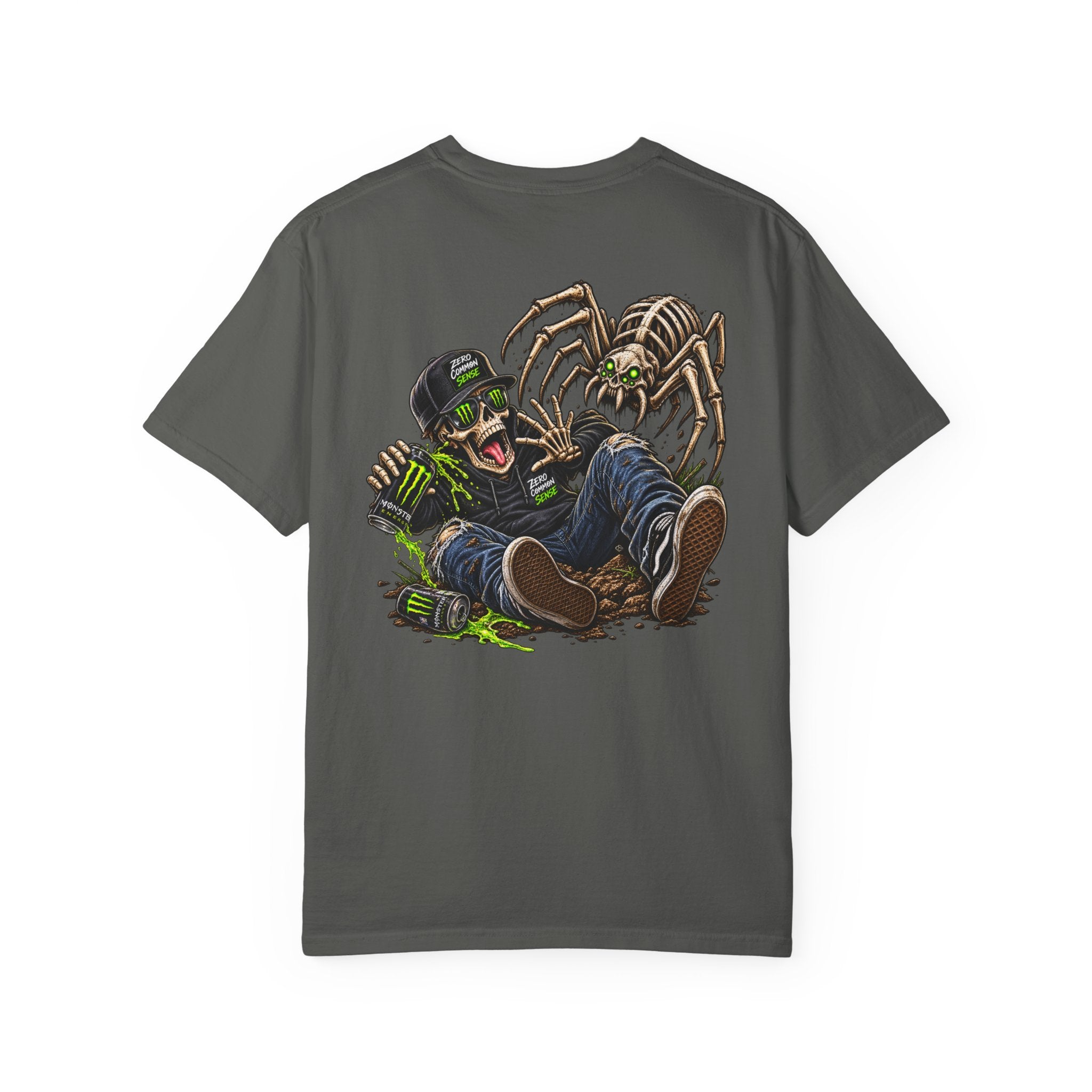 Spider Attack Graphic T-Shirt — "Zero Common Sense" Pocket Design