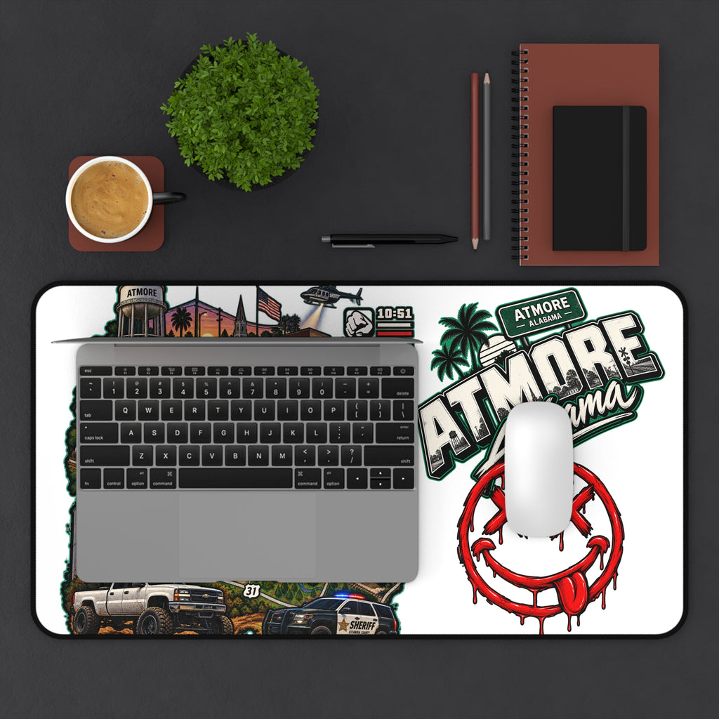 Atmore, Alabama Desk Mat – Illustrated City Map & Sticker Collage Mouse Pad