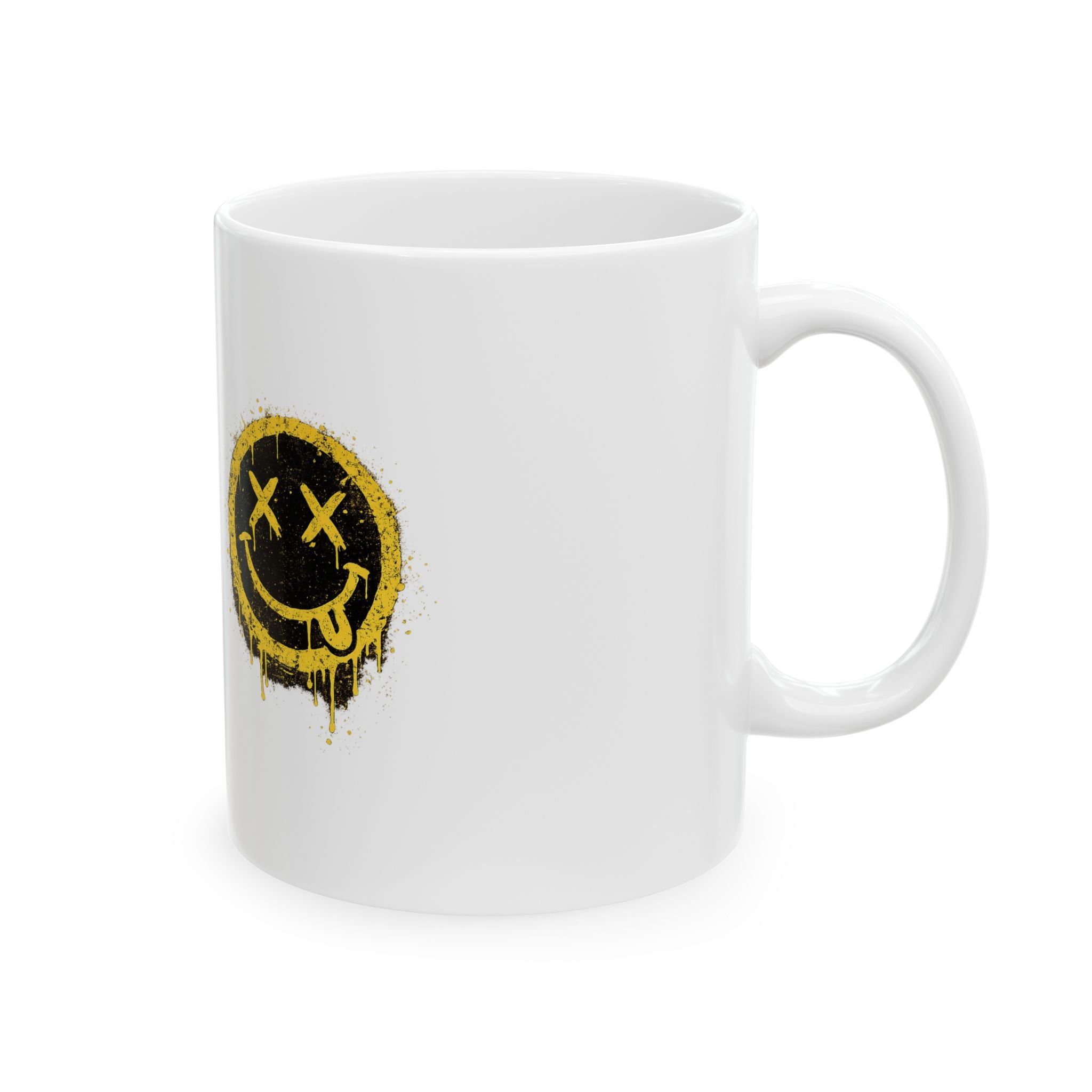 Smudged Grunge Smiley Mug — Distressed Yellow Drip Face Ceramic Coffee Cup (11oz/15oz)