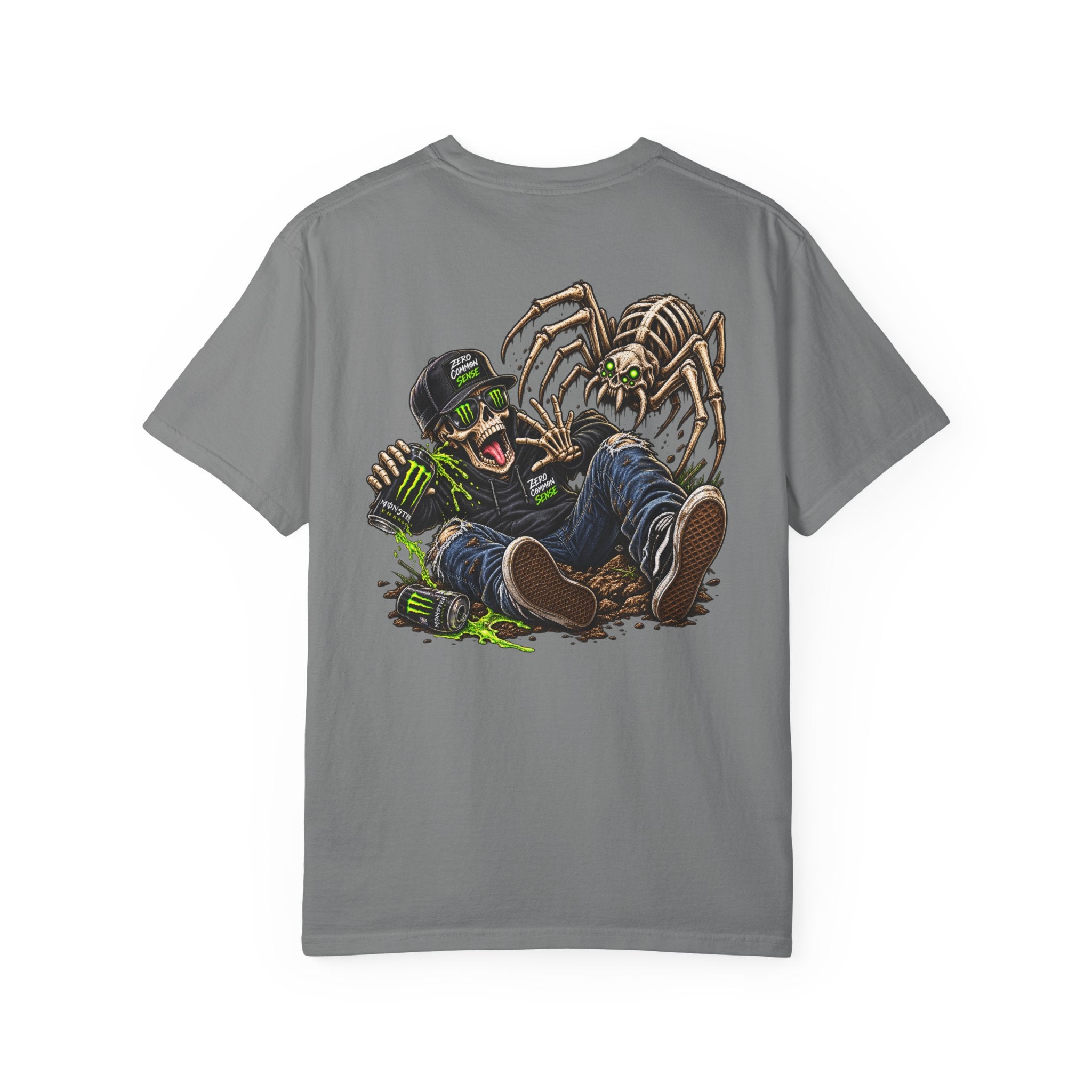 Spider Attack Graphic T-Shirt — "Zero Common Sense" Pocket Design