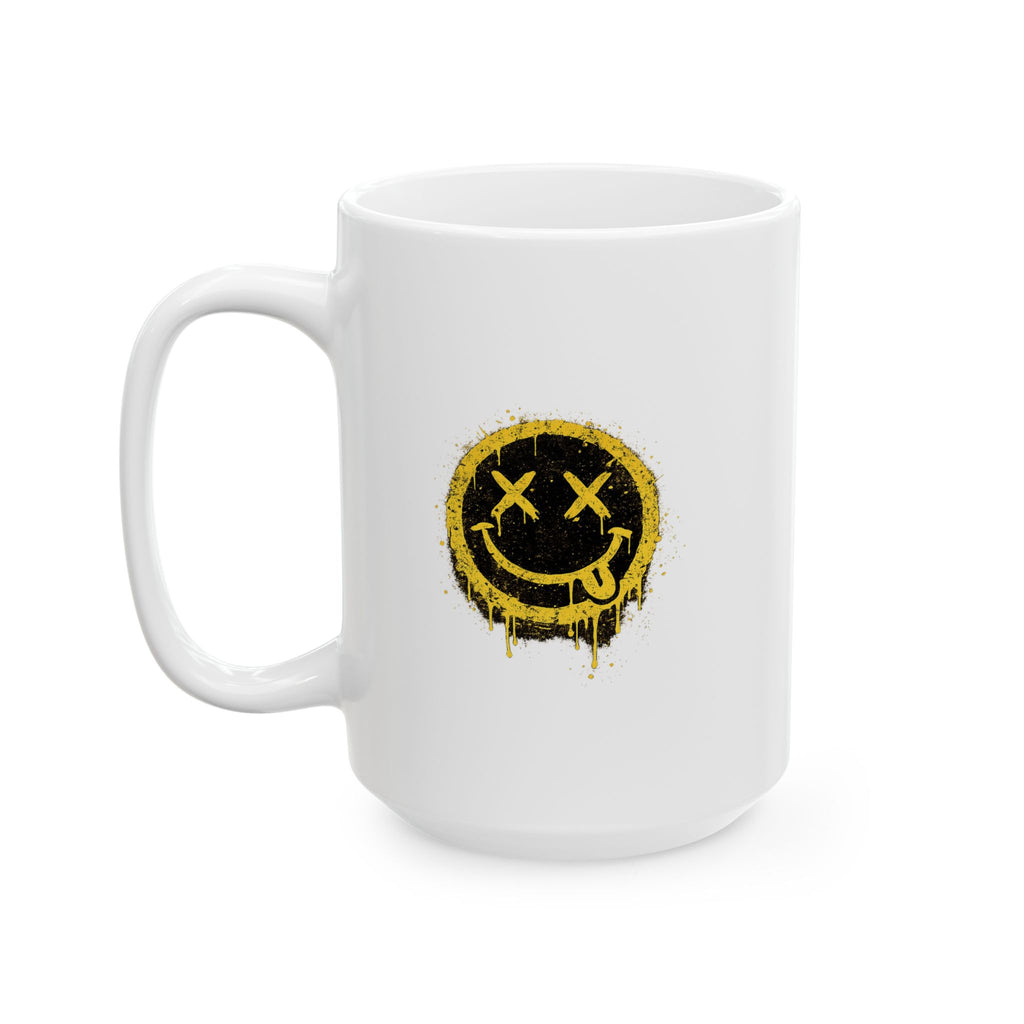 Smudged Grunge Smiley Mug — Distressed Yellow Drip Face Ceramic Coffee Cup (11oz/15oz)