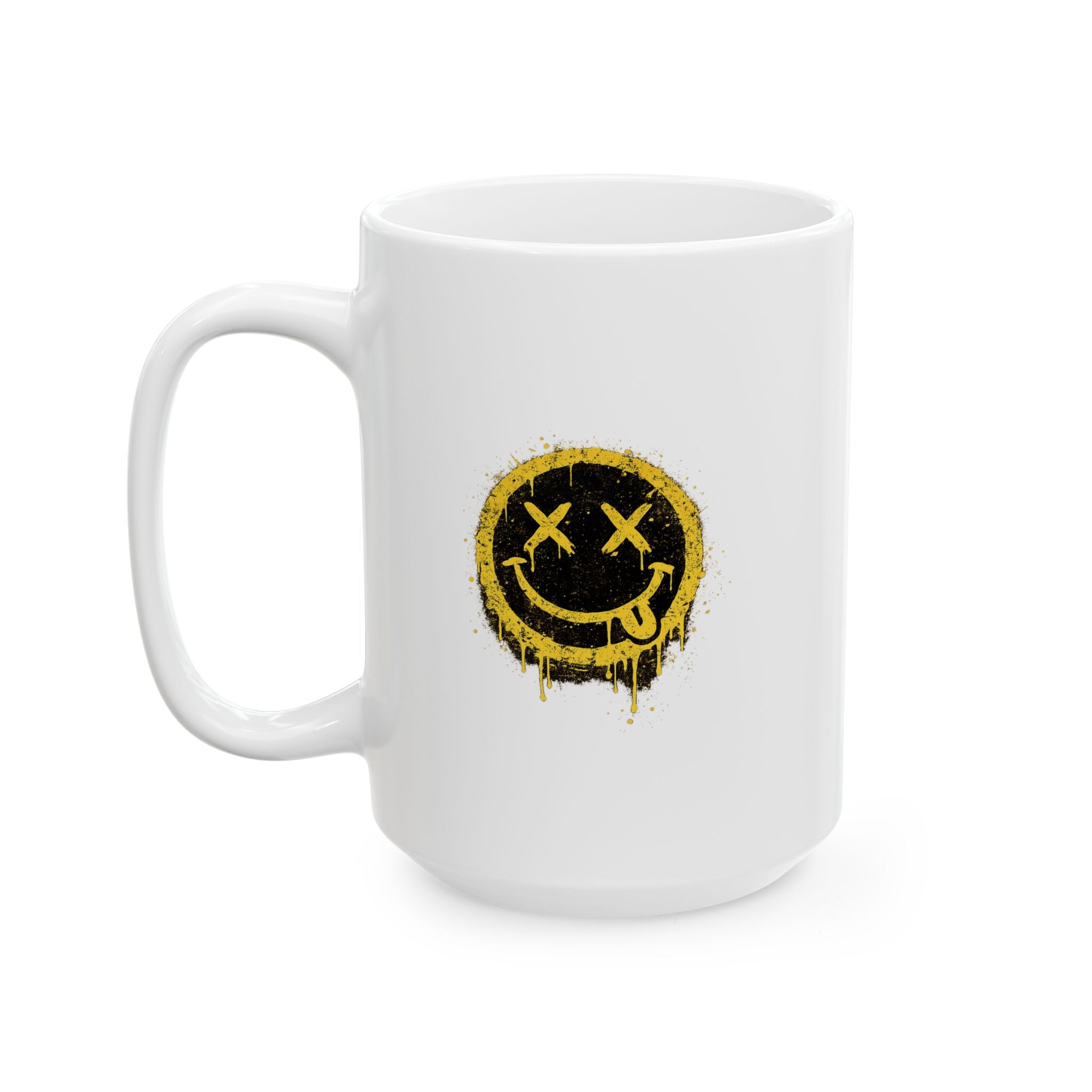 Smudged Grunge Smiley Mug — Distressed Yellow Drip Face Ceramic Coffee Cup (11oz/15oz)
