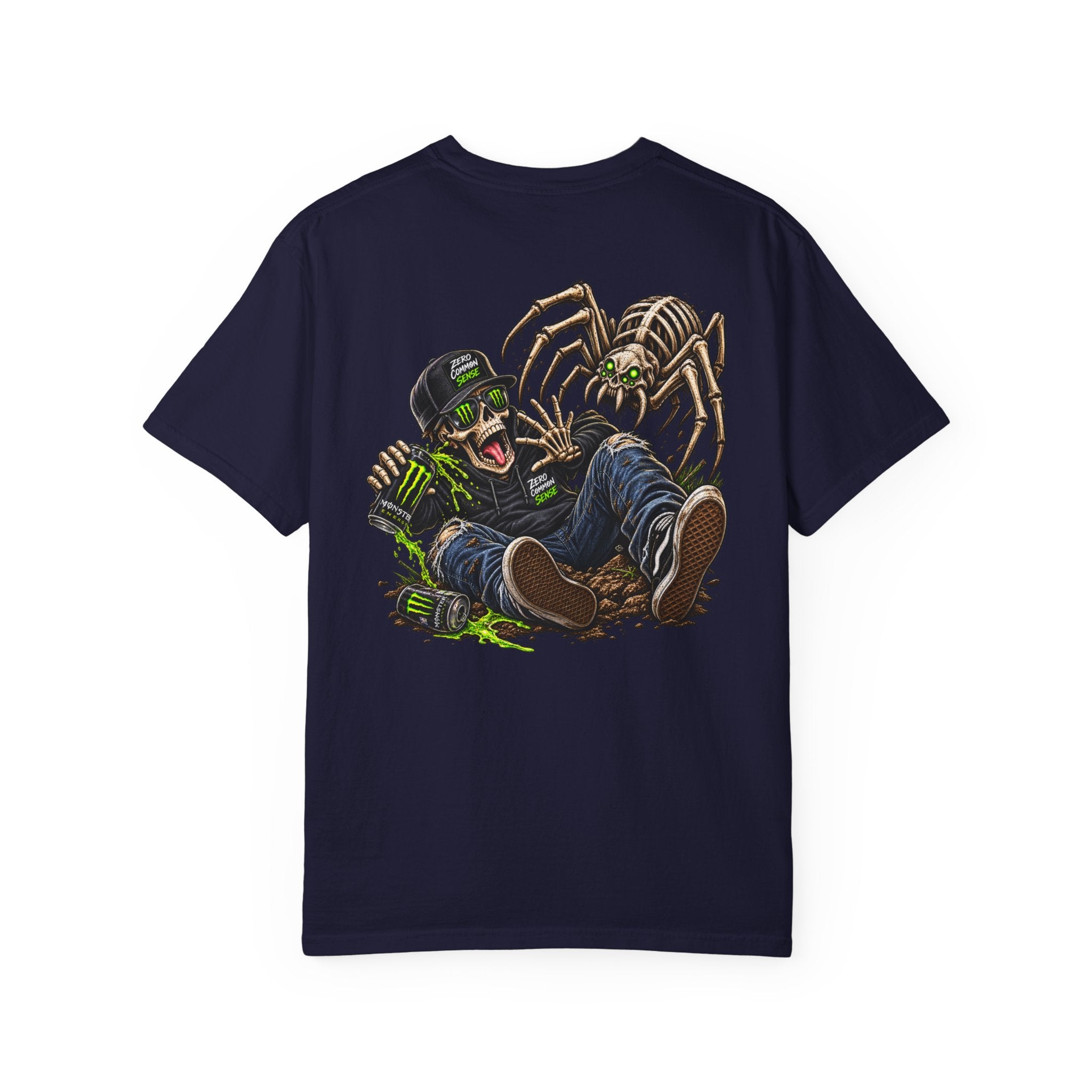 Spider Attack Graphic T-Shirt — "Zero Common Sense" Pocket Design