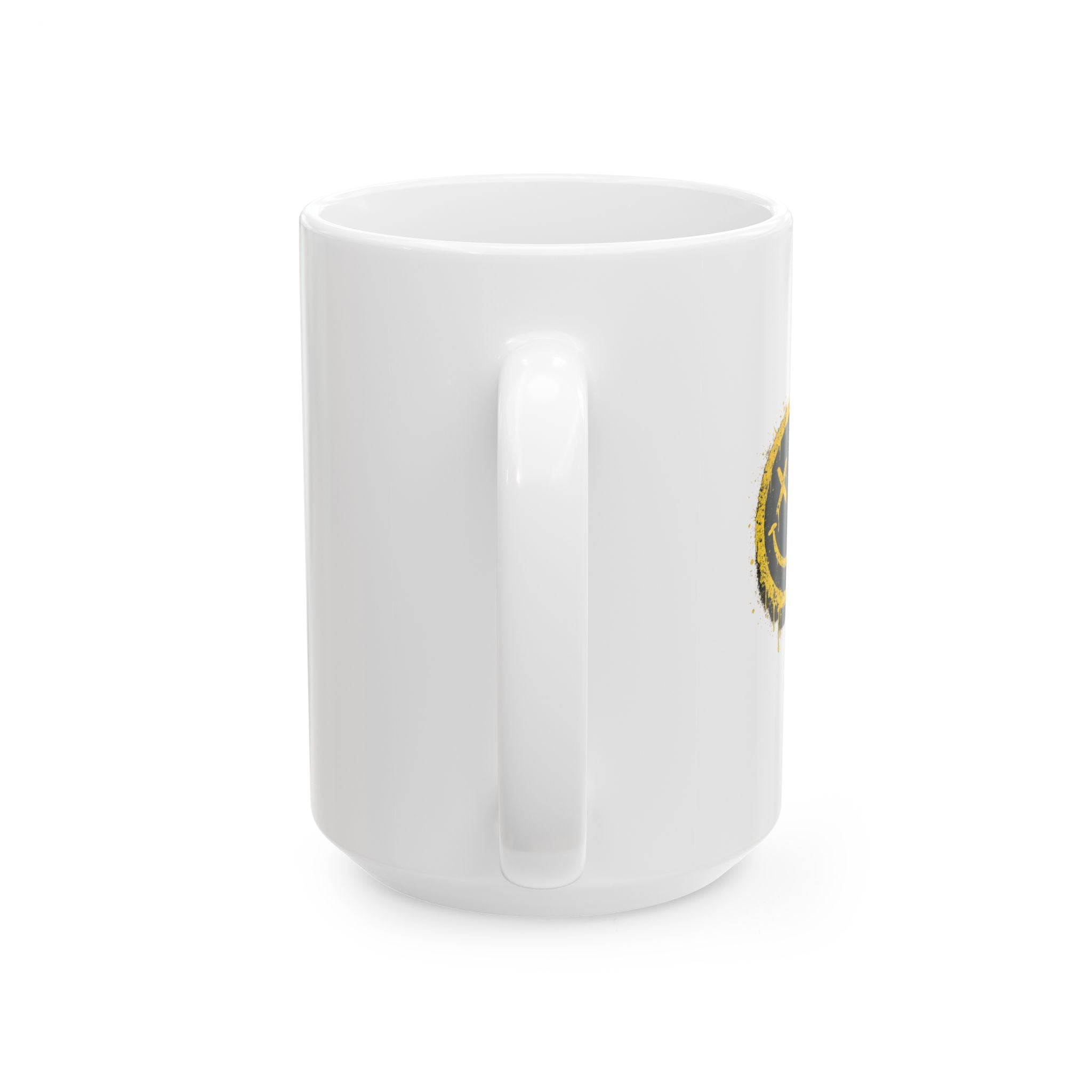 Smudged Grunge Smiley Mug — Distressed Yellow Drip Face Ceramic Coffee Cup (11oz/15oz)
