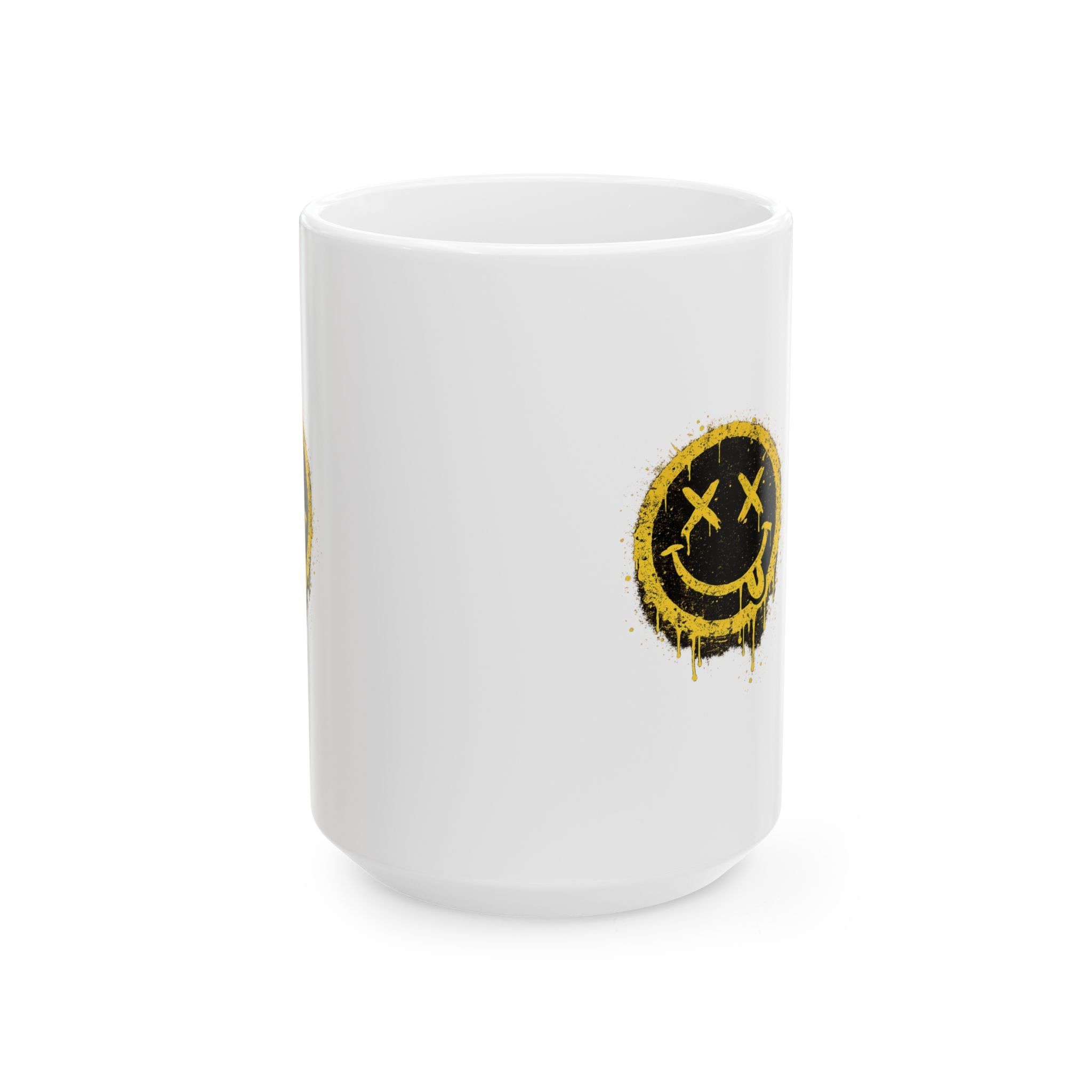 Smudged Grunge Smiley Mug — Distressed Yellow Drip Face Ceramic Coffee Cup (11oz/15oz)