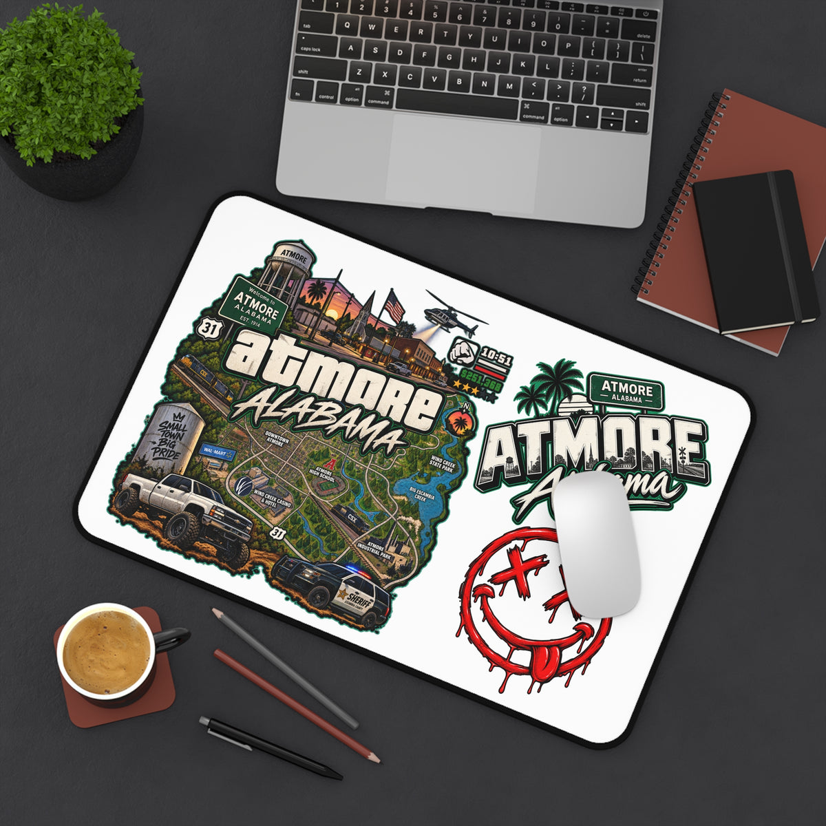 Atmore, Alabama Desk Mat – Illustrated City Map & Sticker Collage Mouse Pad