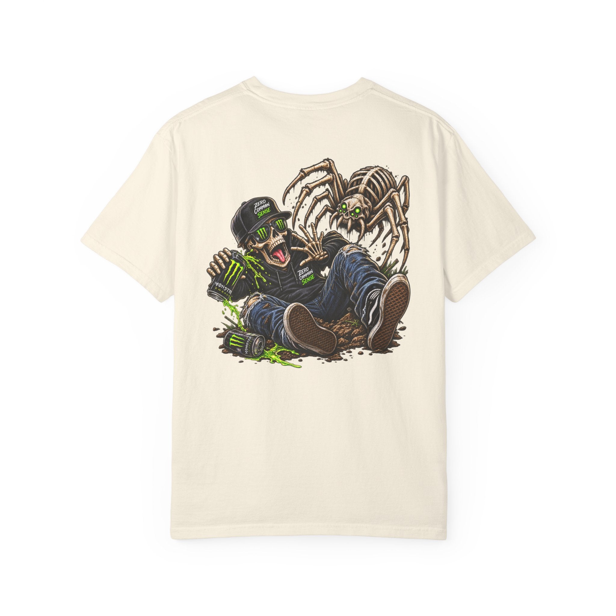 Spider Attack Graphic T-Shirt — "Zero Common Sense" Pocket Design