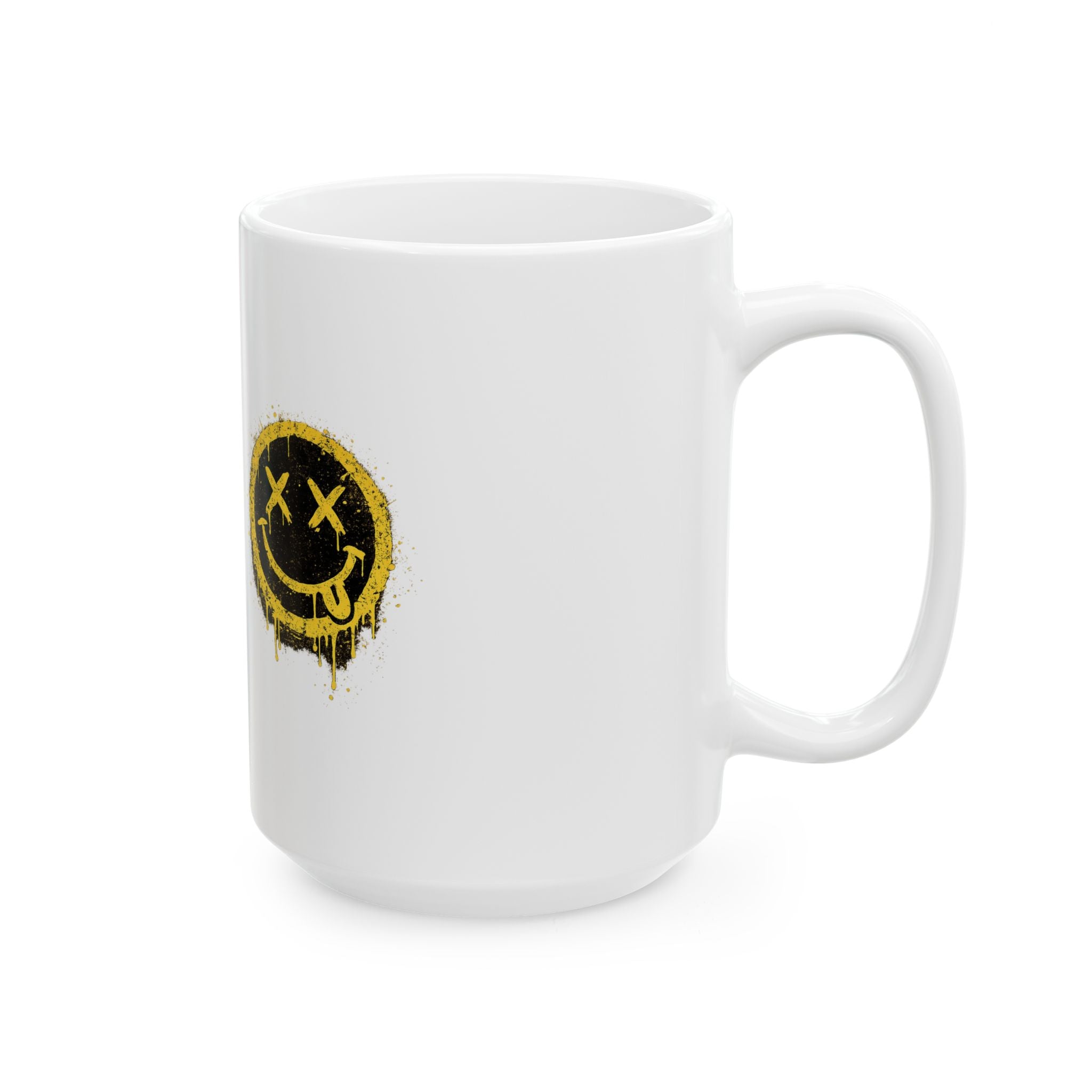 Smudged Grunge Smiley Mug — Distressed Yellow Drip Face Ceramic Coffee Cup (11oz/15oz)