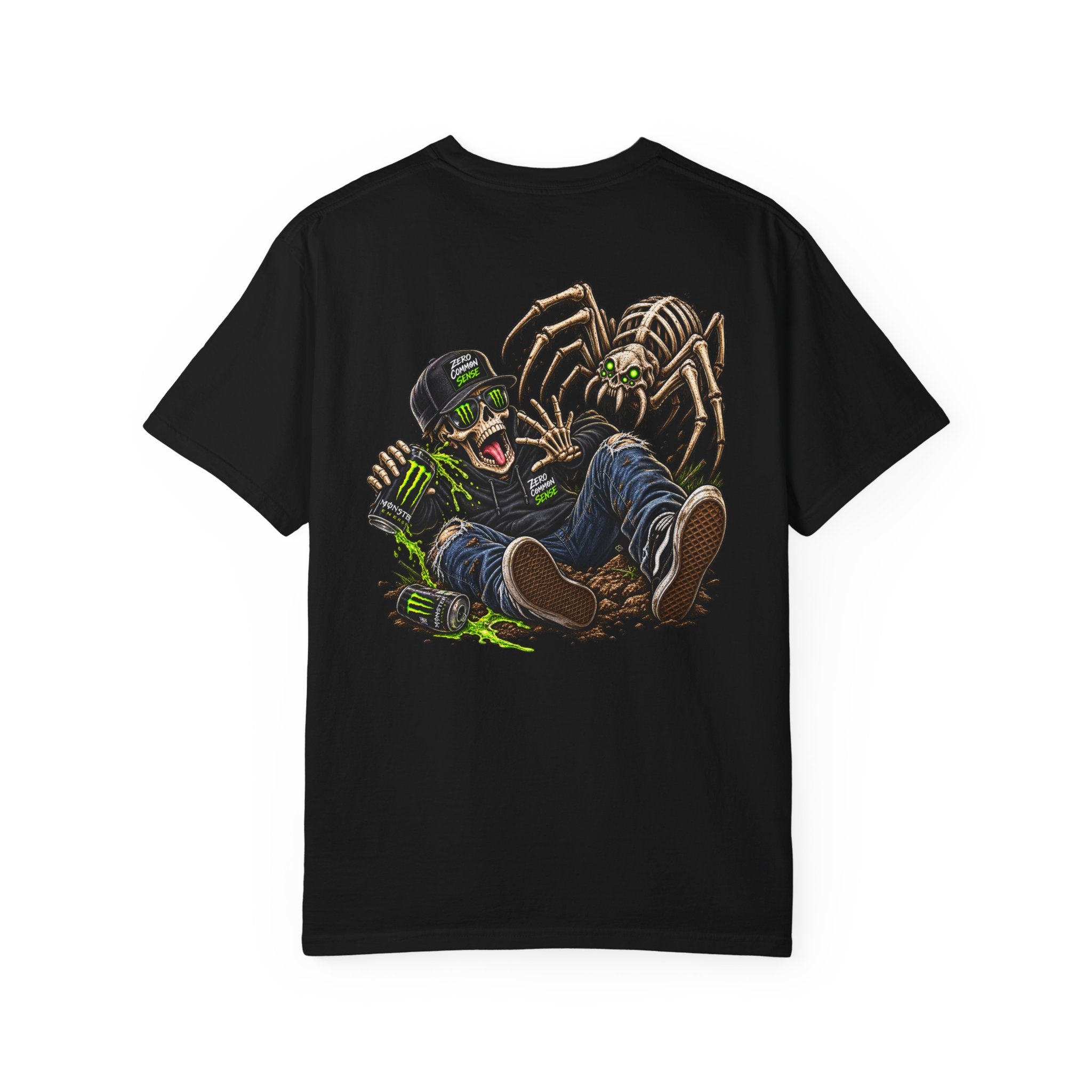 Spider Attack Graphic T-Shirt — "Zero Common Sense" Pocket Design