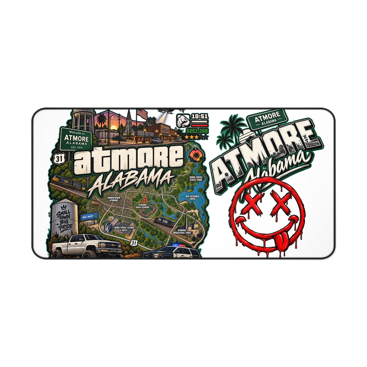 Atmore, Alabama Desk Mat – Illustrated City Map & Sticker Collage Mouse Pad