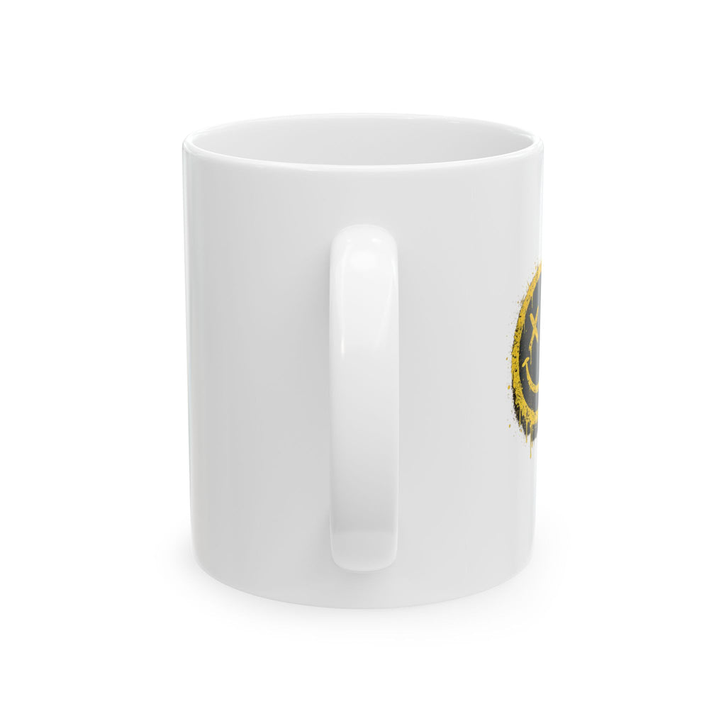 Smudged Grunge Smiley Mug — Distressed Yellow Drip Face Ceramic Coffee Cup (11oz/15oz)