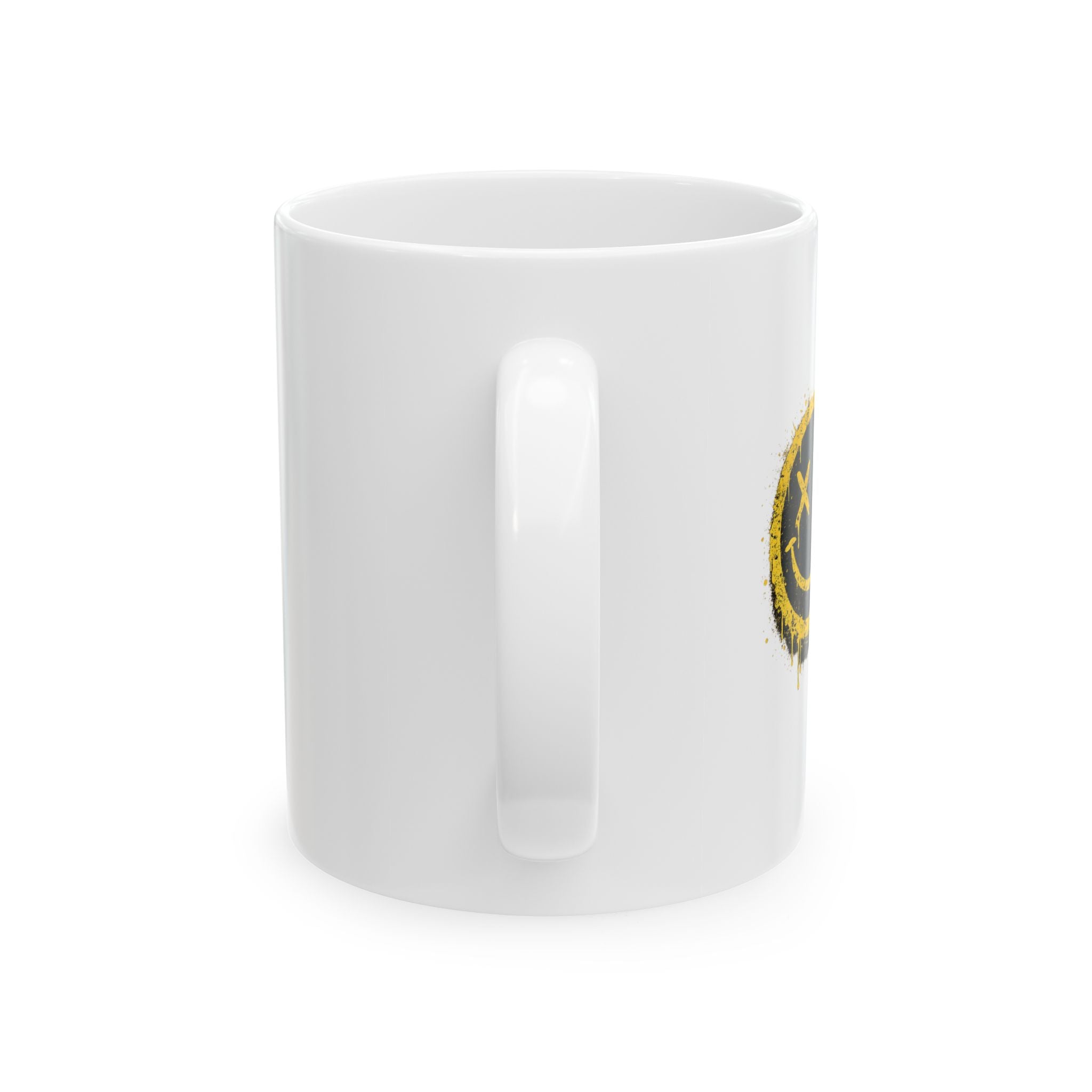 Smudged Grunge Smiley Mug — Distressed Yellow Drip Face Ceramic Coffee Cup (11oz/15oz)