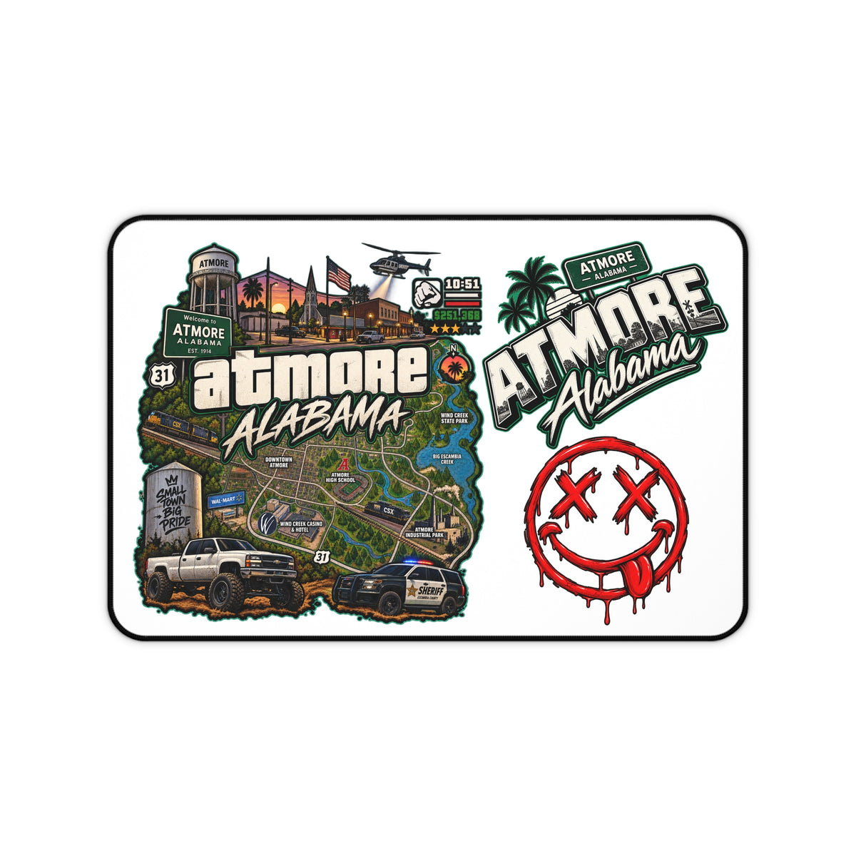 Atmore, Alabama Desk Mat – Illustrated City Map & Sticker Collage Mouse Pad