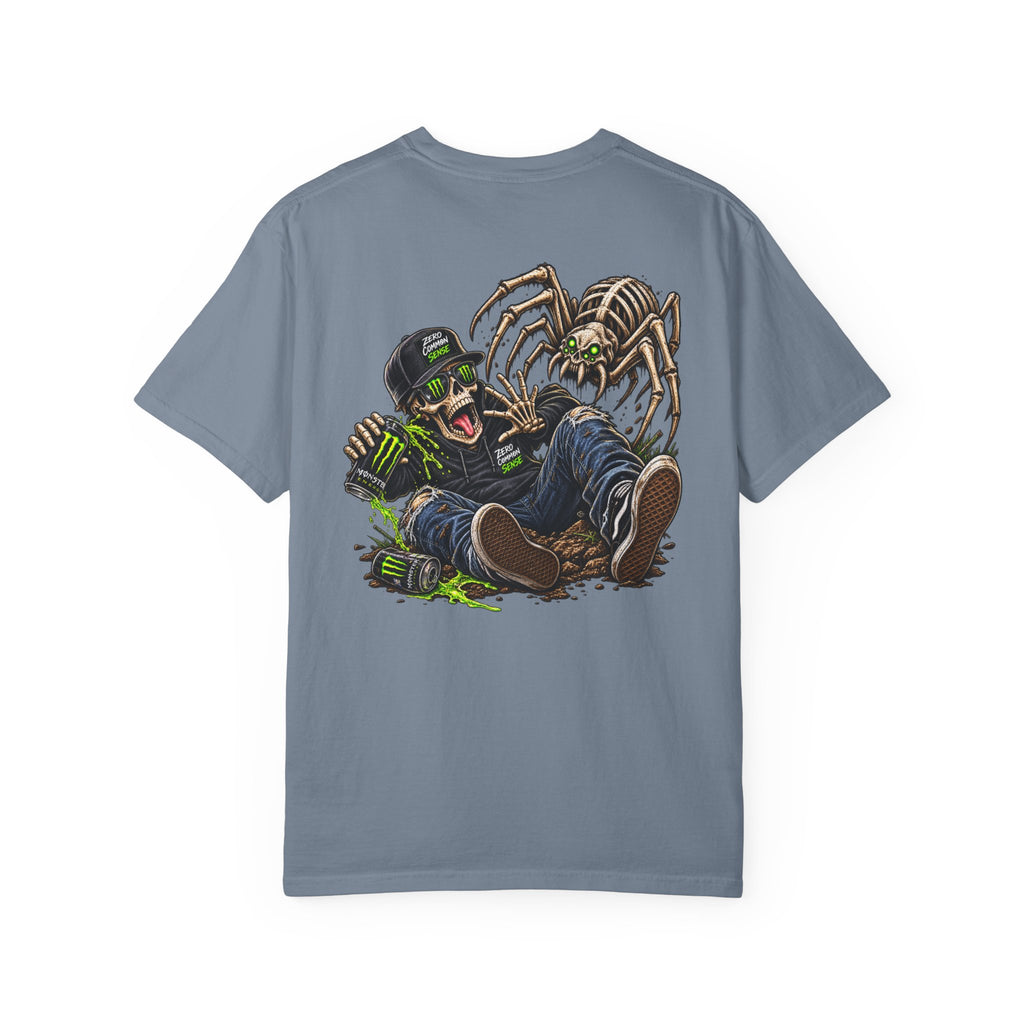 Spider Attack Graphic T-Shirt — "Zero Common Sense" Pocket Design