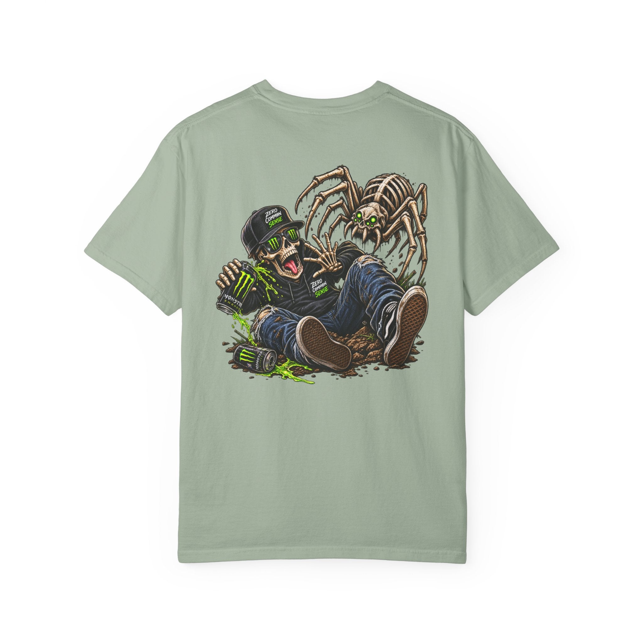Spider Attack Graphic T-Shirt — "Zero Common Sense" Pocket Design