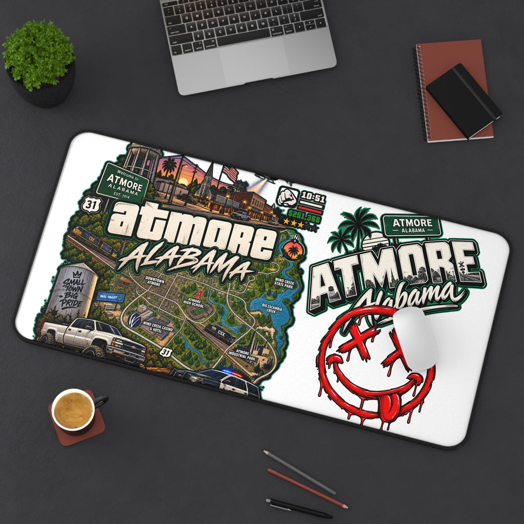 Atmore, Alabama Desk Mat – Illustrated City Map & Sticker Collage Mouse Pad