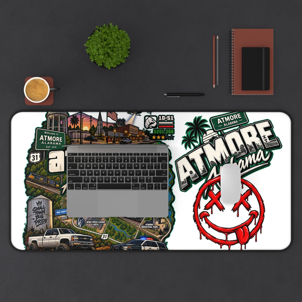 Atmore, Alabama Desk Mat – Illustrated City Map & Sticker Collage Mouse Pad