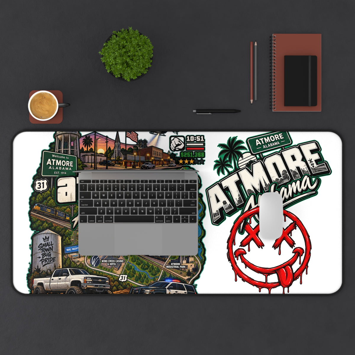 Atmore, Alabama Desk Mat – Illustrated City Map & Sticker Collage Mouse Pad