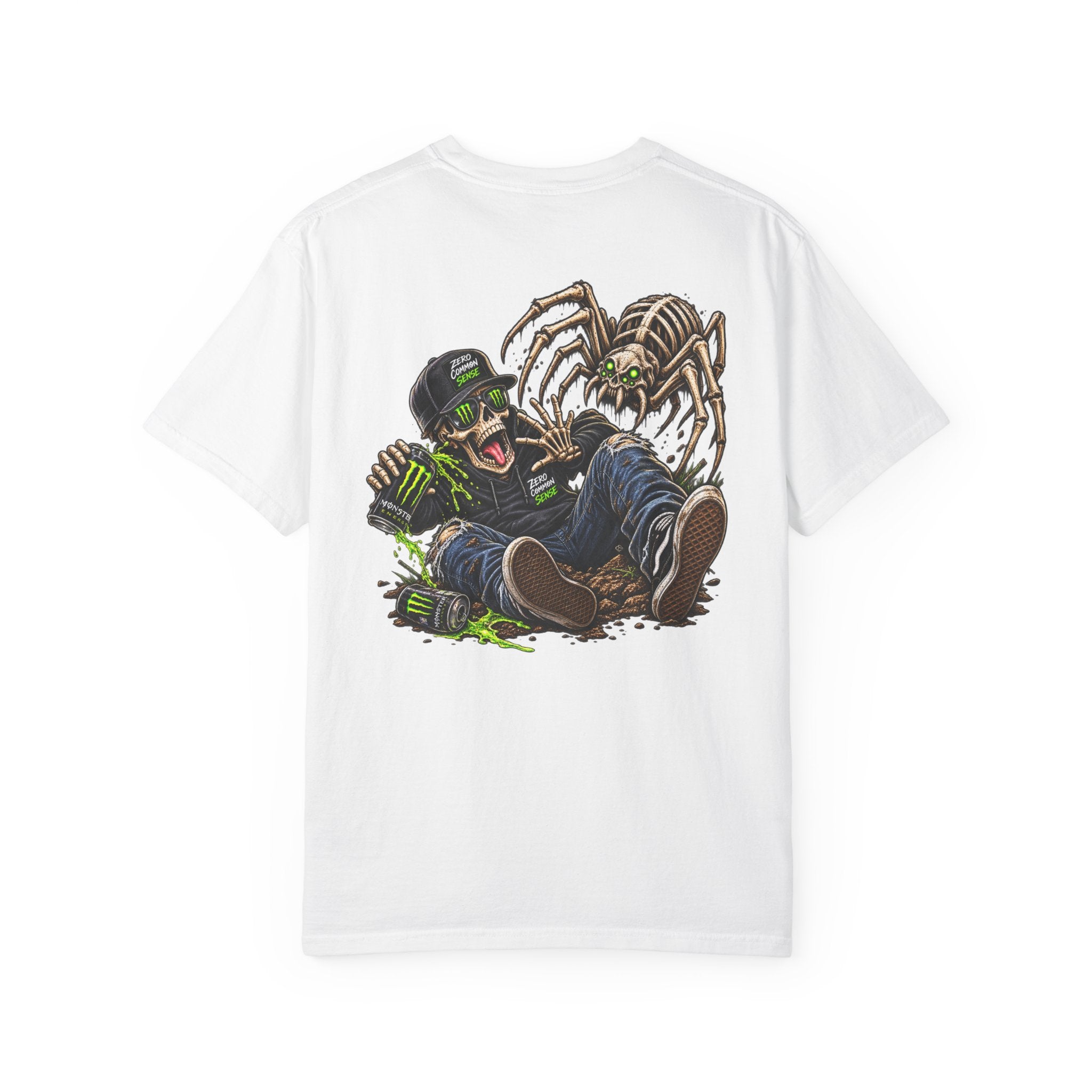 Spider Attack Graphic T-Shirt — "Zero Common Sense" Pocket Design