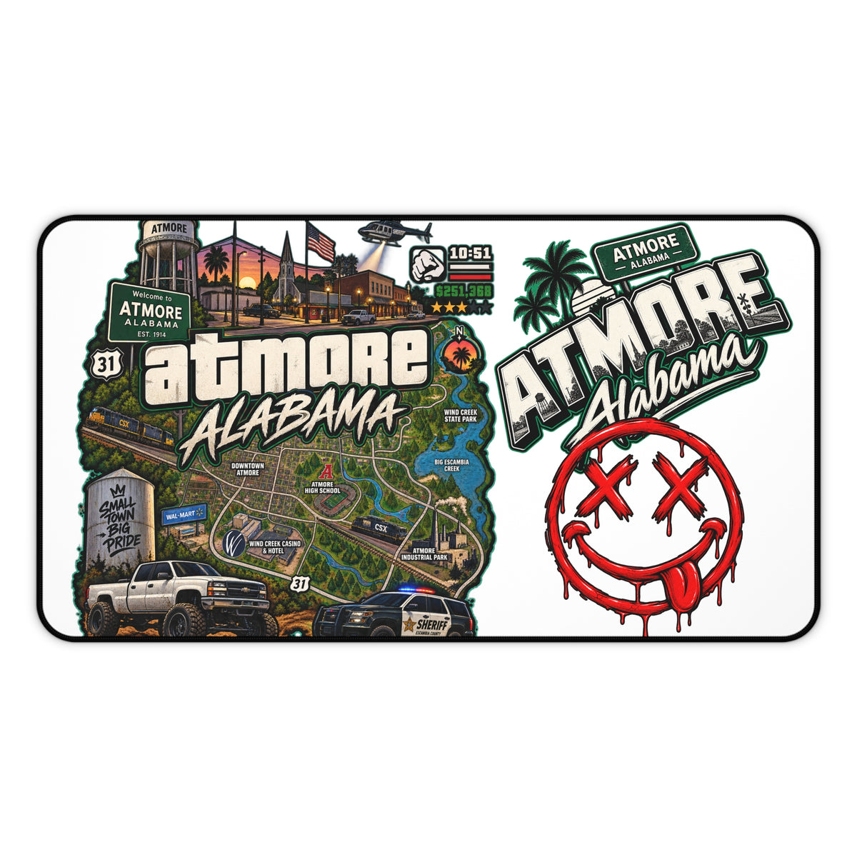 Atmore, Alabama Desk Mat – Illustrated City Map & Sticker Collage Mouse Pad