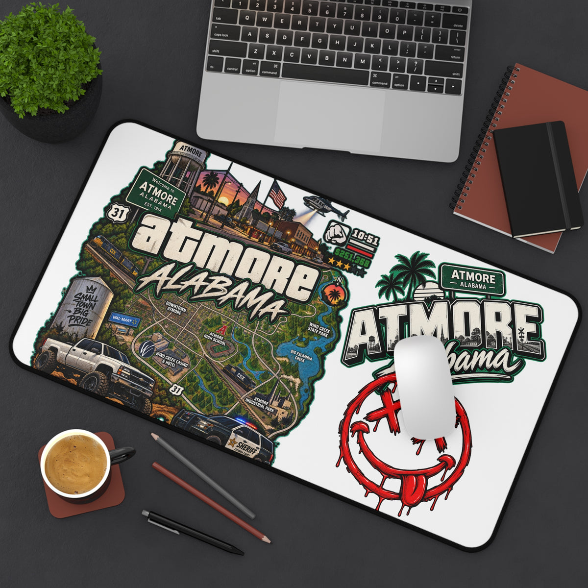 Atmore, Alabama Desk Mat – Illustrated City Map & Sticker Collage Mouse Pad