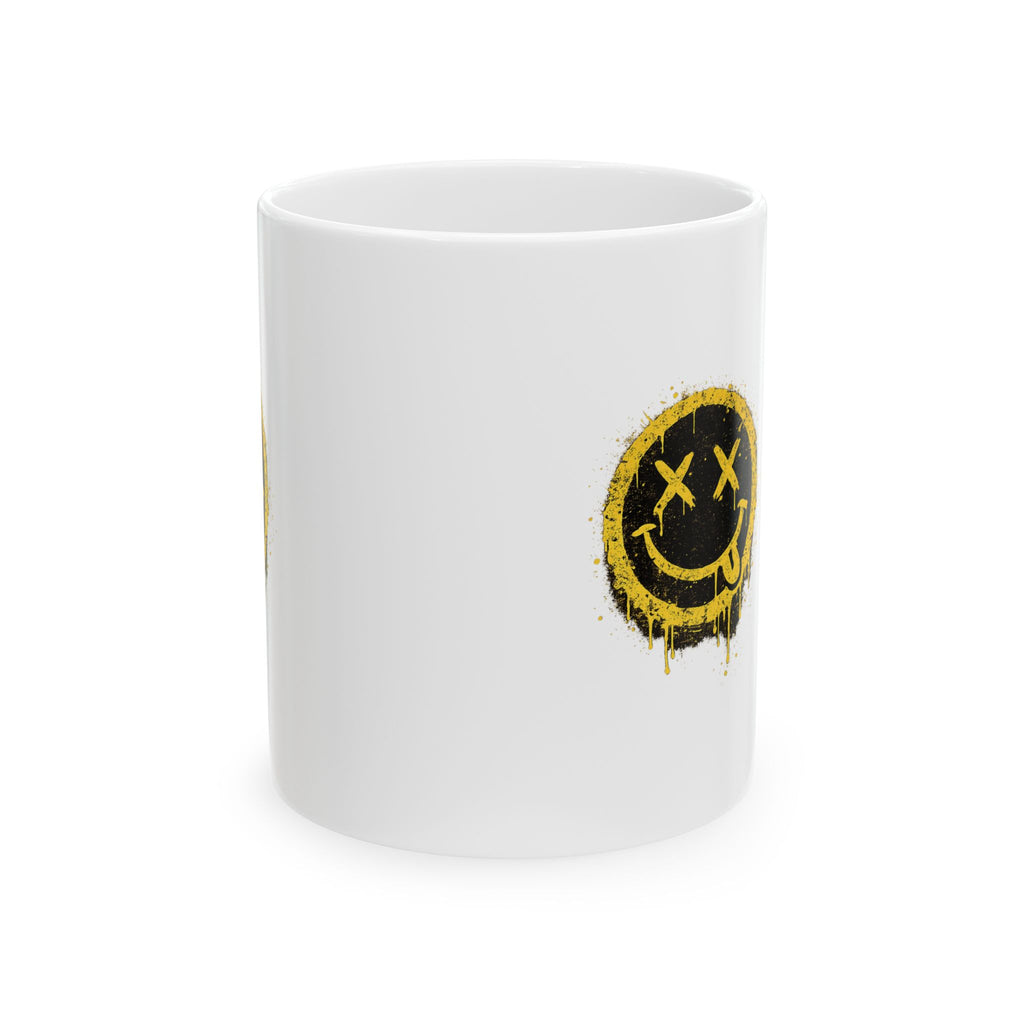 Smudged Grunge Smiley Mug — Distressed Yellow Drip Face Ceramic Coffee Cup (11oz/15oz)